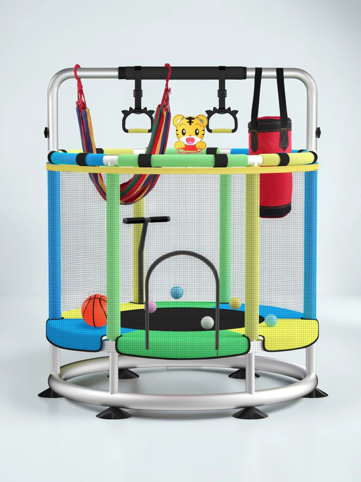 kidtramp Kids Trampoline with Adjustable T-Handrail and Basketball Hoop, Round Indoor Outdoor Toddler Trampoline, Light Blue Green