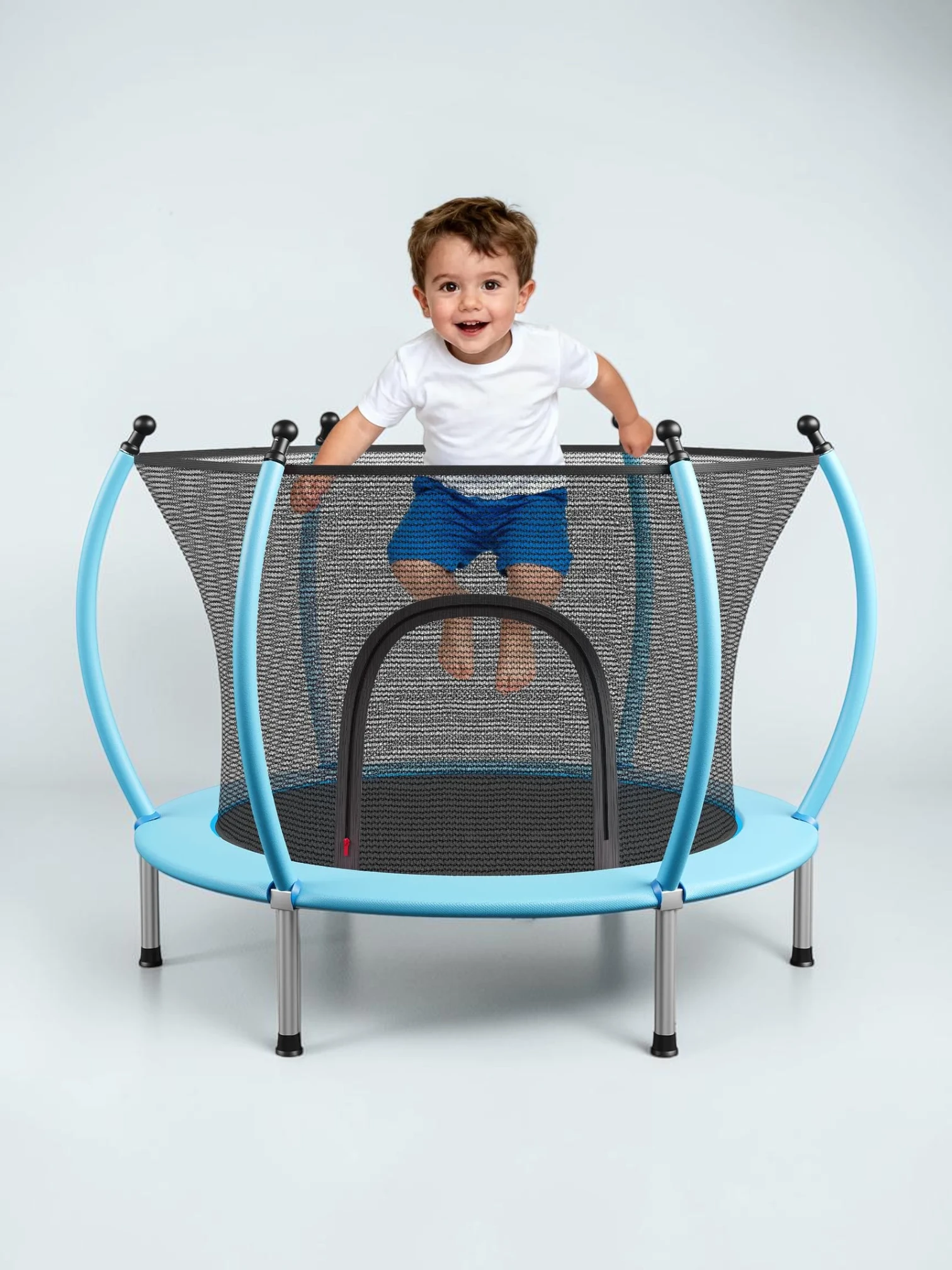 kidtramp 55-inch Toddler Trampoline with Safety Enclosure, Basketball Hoop and Ocean Balls, Blue