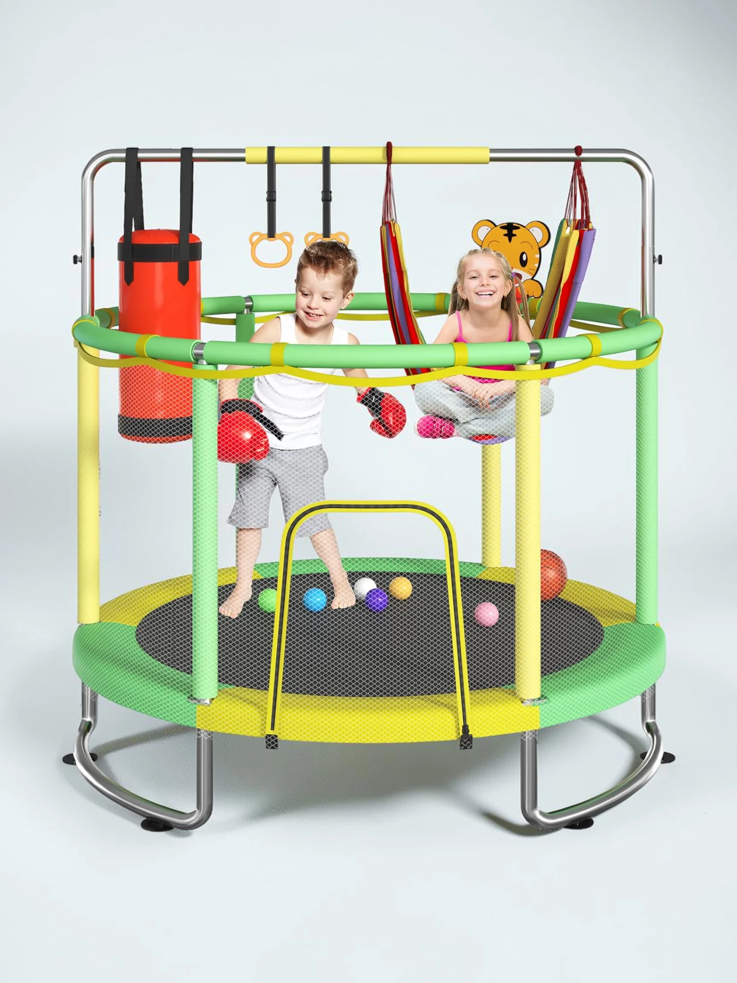 kidtramp Kids Trampoline with Enclosure, Anti-Rust Steel Frame 55-inch Toddler Trampoline with Adjustable Gymnastics Bar and Play Accessories, Yellow