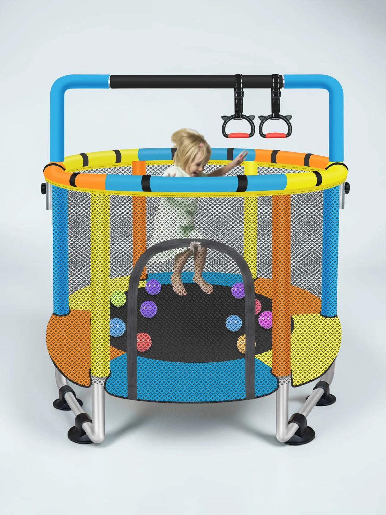 kidtramp 55-inch Kids Trampoline with Safety Enclosure Net and Adjustable Gymnastics Bar, Indoor and Outdoor Mini Trampoline, Yellow-Orange-Blue