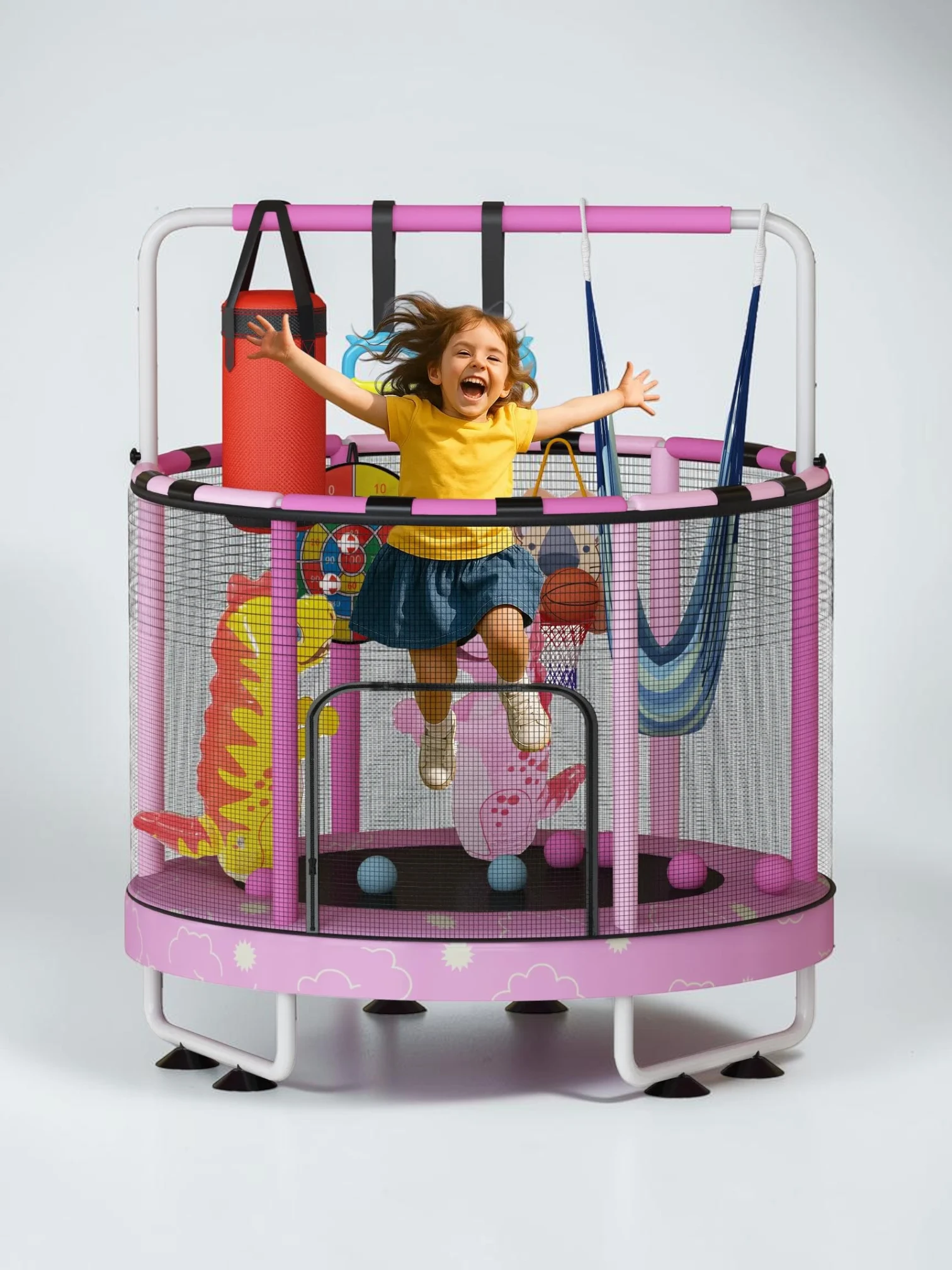 kidtramp 55-inch 7-in-1 Toddlers Trampoline with Safety Net, Indoor and Outdoor Kids Jumper, Adjustable Height, Pink Cloud