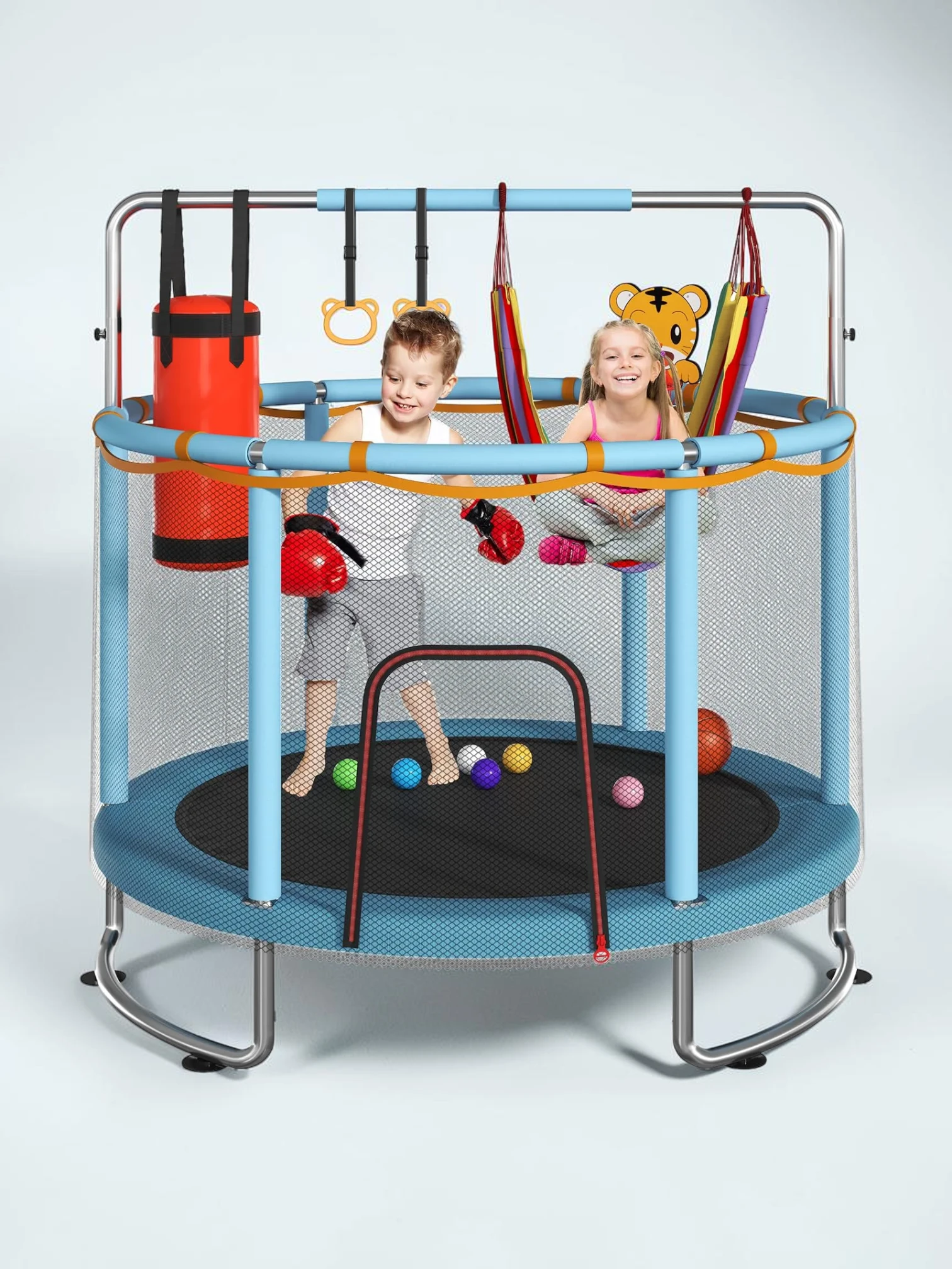 kidtramp Kids Trampoline with Net, 55-inch Round Indoor/Outdoor Trampoline, 440lbs Weight Capacity with Adjustable Gymnastics Bar and Play Accessories, Blue