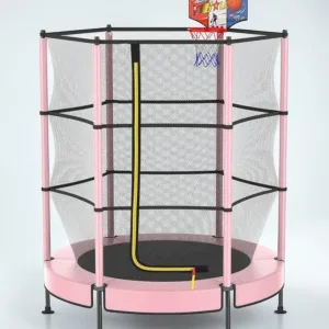 kidtramp 60-inch Mini Trampoline for Kids with Basketball Hoop, Indoor Outdoor Toddler Trampoline with Safety Enclosure, Pink, 150 lbs Weight Capacity