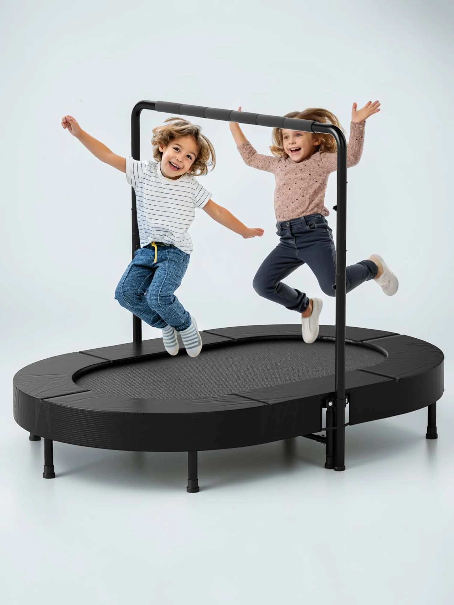 kidtramp Indoor Trampoline for Kids, Foldable Exercise Trampoline with Adjustable Handle, 56" x 36" Metal Frame, Black
